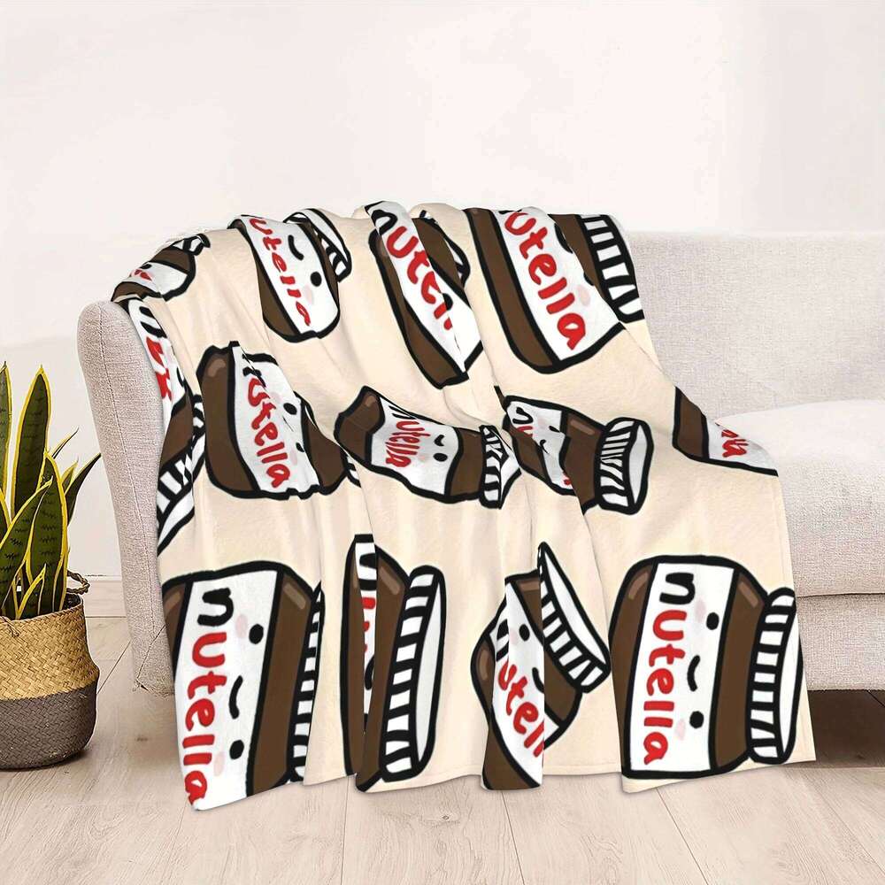 Cartoon Nutella Flannel Blanket - Hazelnut Spread Soft Tear-Resistant | All-Season Home Decor & Playful Gift W260120