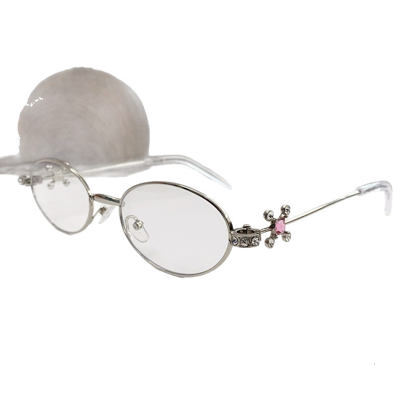 Luxury Brand Designer Sunglasses On Ring Jewelry Series Elegant Pink Diamond Metal Eyeglass Frame Jennie Same Style Silver Small Oval Non-Prescription