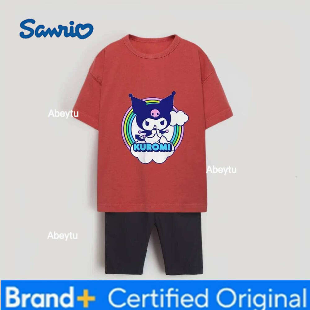 Sanrio Kuromi Melody Girl Short Sleeve T-shirt Children's Summer Pure Cotton Casual Clothing Kids Clothes Set H260120