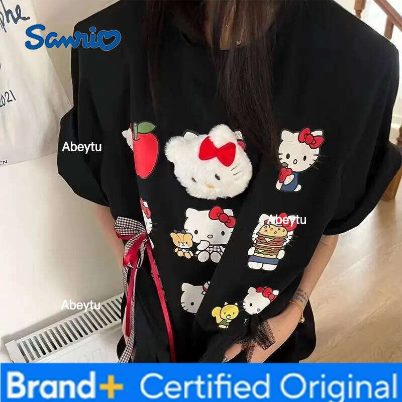 Sanrio HelloKitty girl t-shirt Spring and summer Pure cotton Cartoon Loose short sleeves Kawaii Jacket Three-dimensional doll H260120
