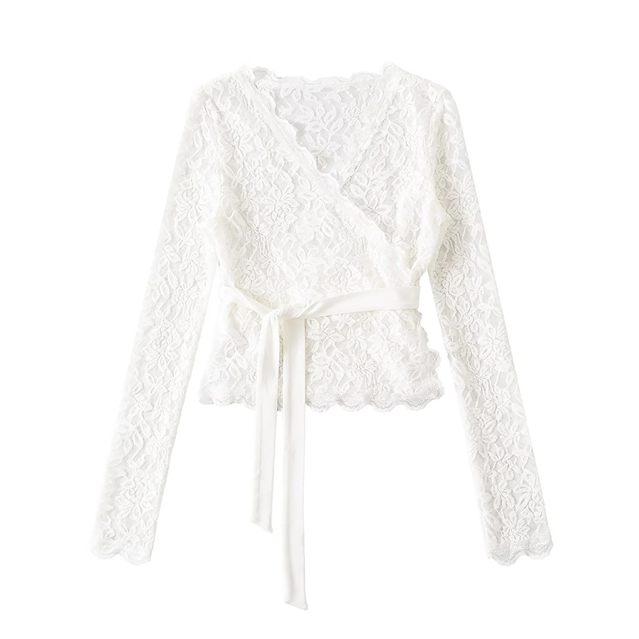 Women's Blouses Blouse Lace Wrap Sexy V Neck Long Sleeve Irregular Hem See Through Sweet Casual Elegant Tops For Autumn