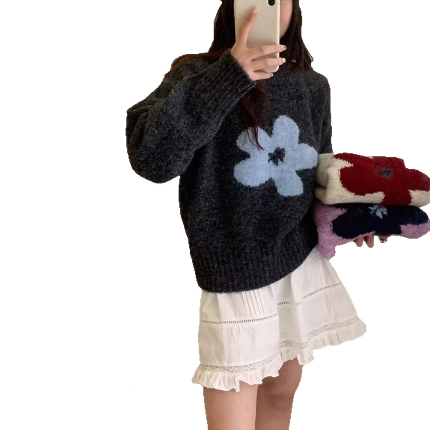 Knitted Women Sweater flower Harajuku Fashion Pattern Printing Loose Tops Casual Streetwear Pullover 240828