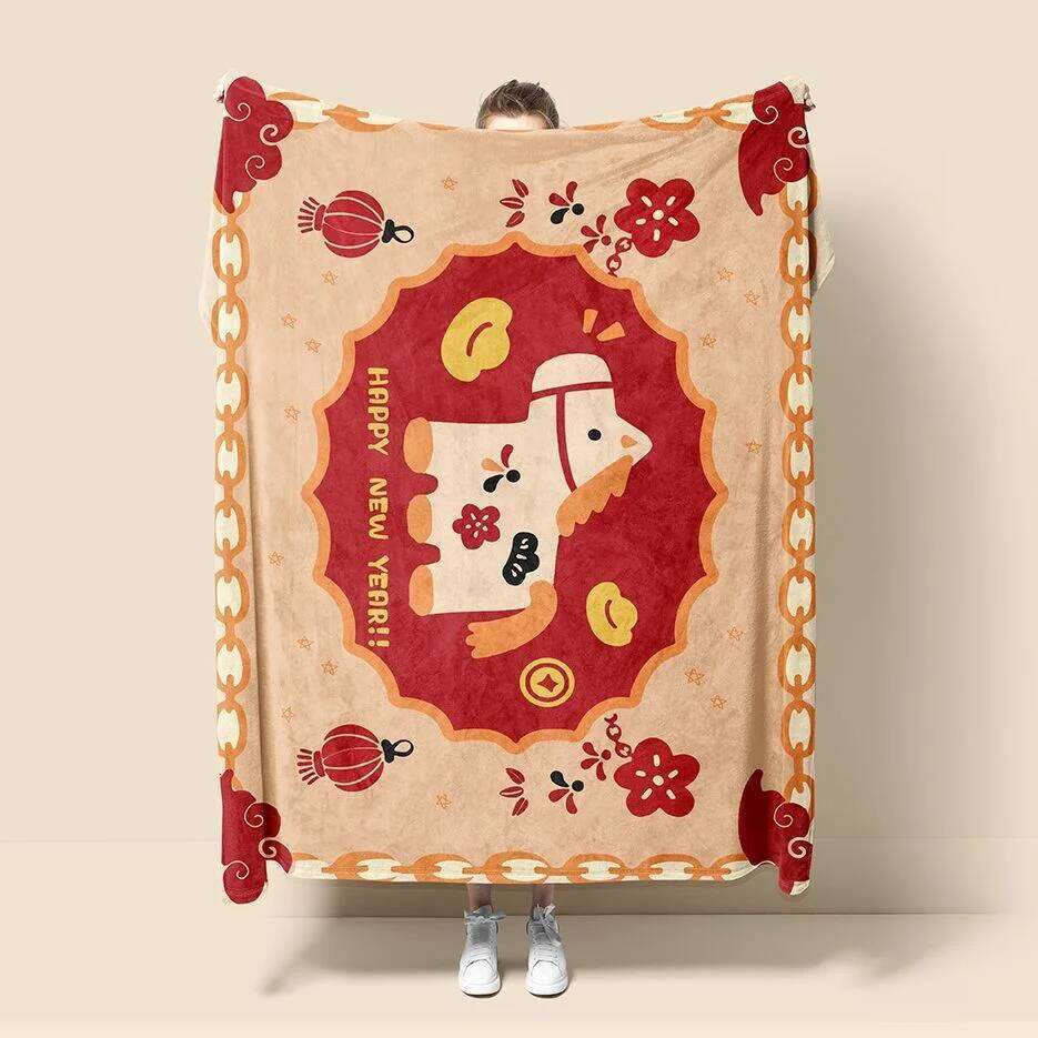 2026 New Horse Year Red Sofa Office Winter Thick Cover Soft Blanket Gift W260120