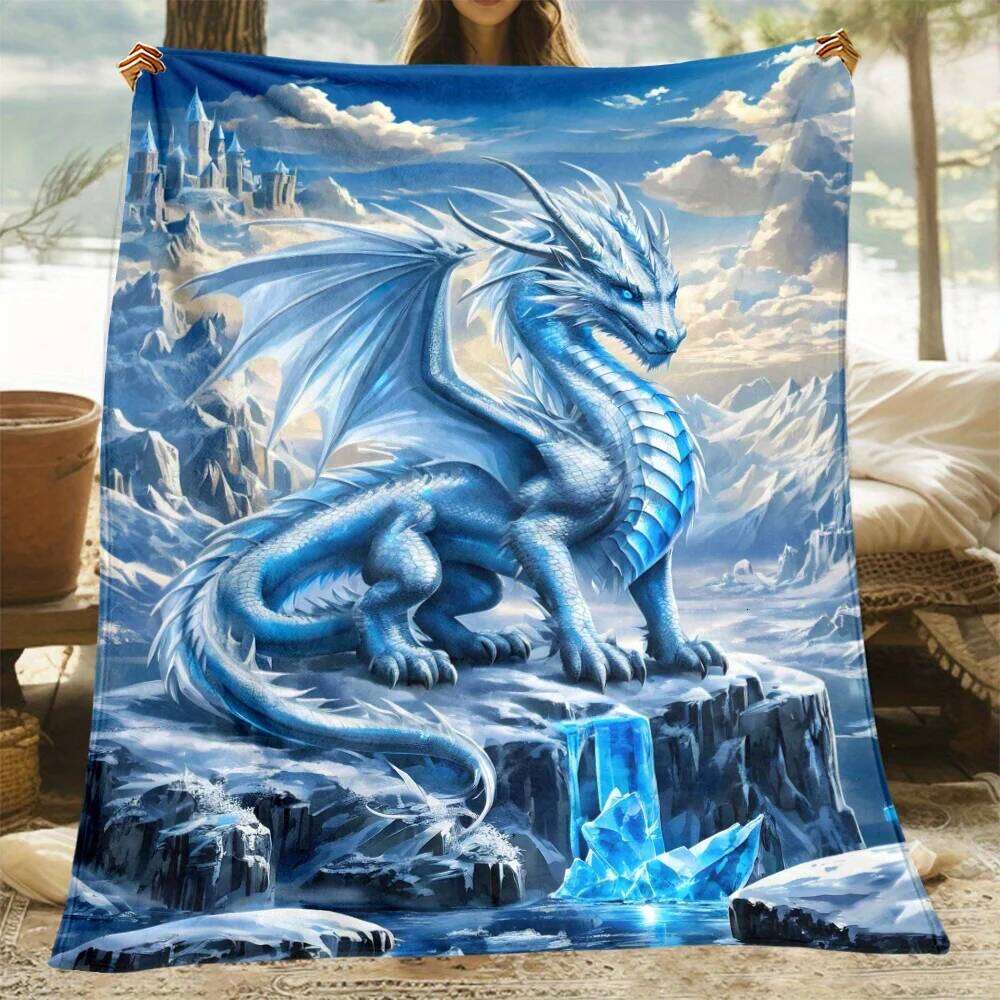 Blue Dragon Flannel Throw Soft Lightweight Blanket for Sofa Office Camping Warm Durable Polyester W260120