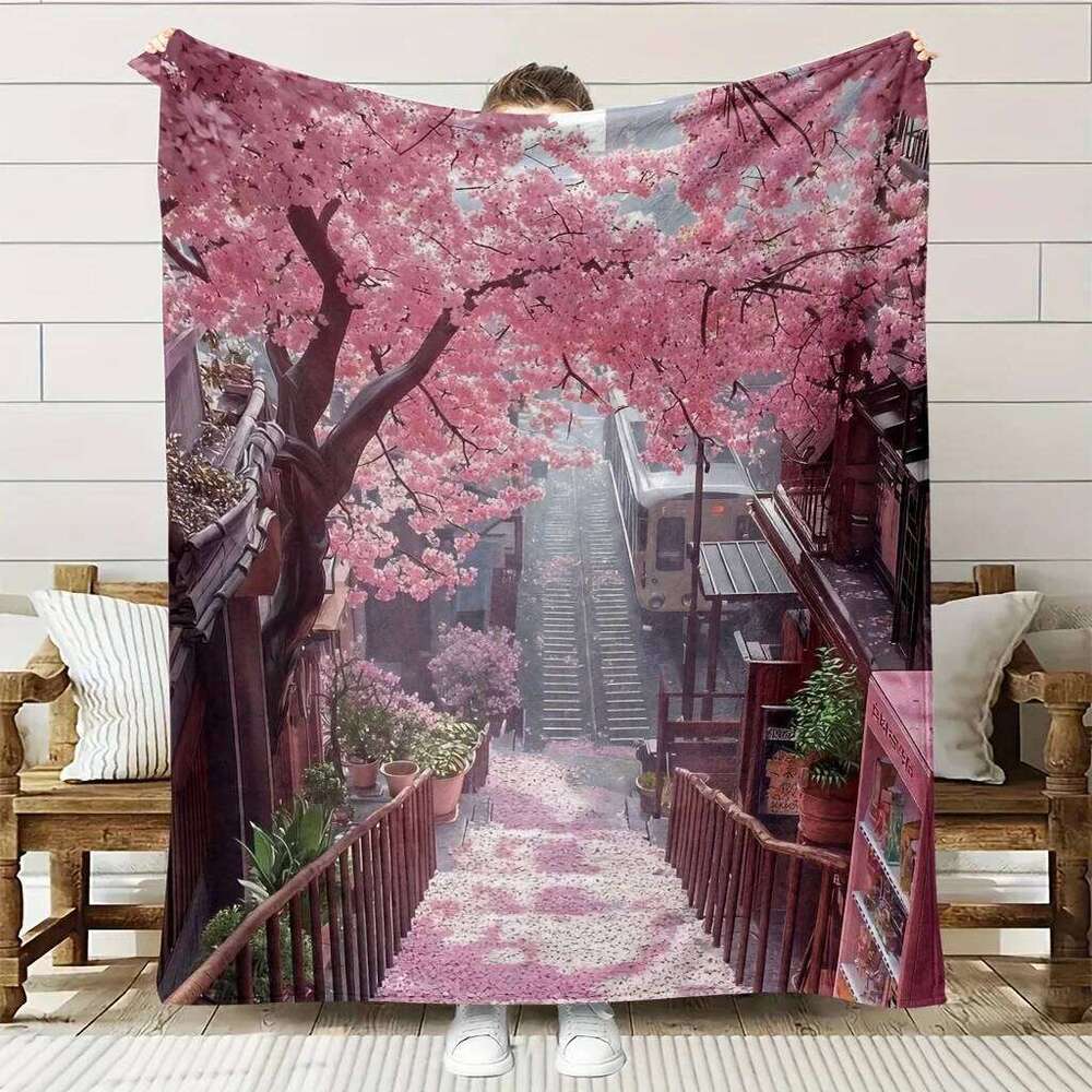 1pc Cherry Blossom Floral Print Flannel Throw Blanket - Soft, High-Definition Digital Print, All-Season Use, Perfect Gift for W260120