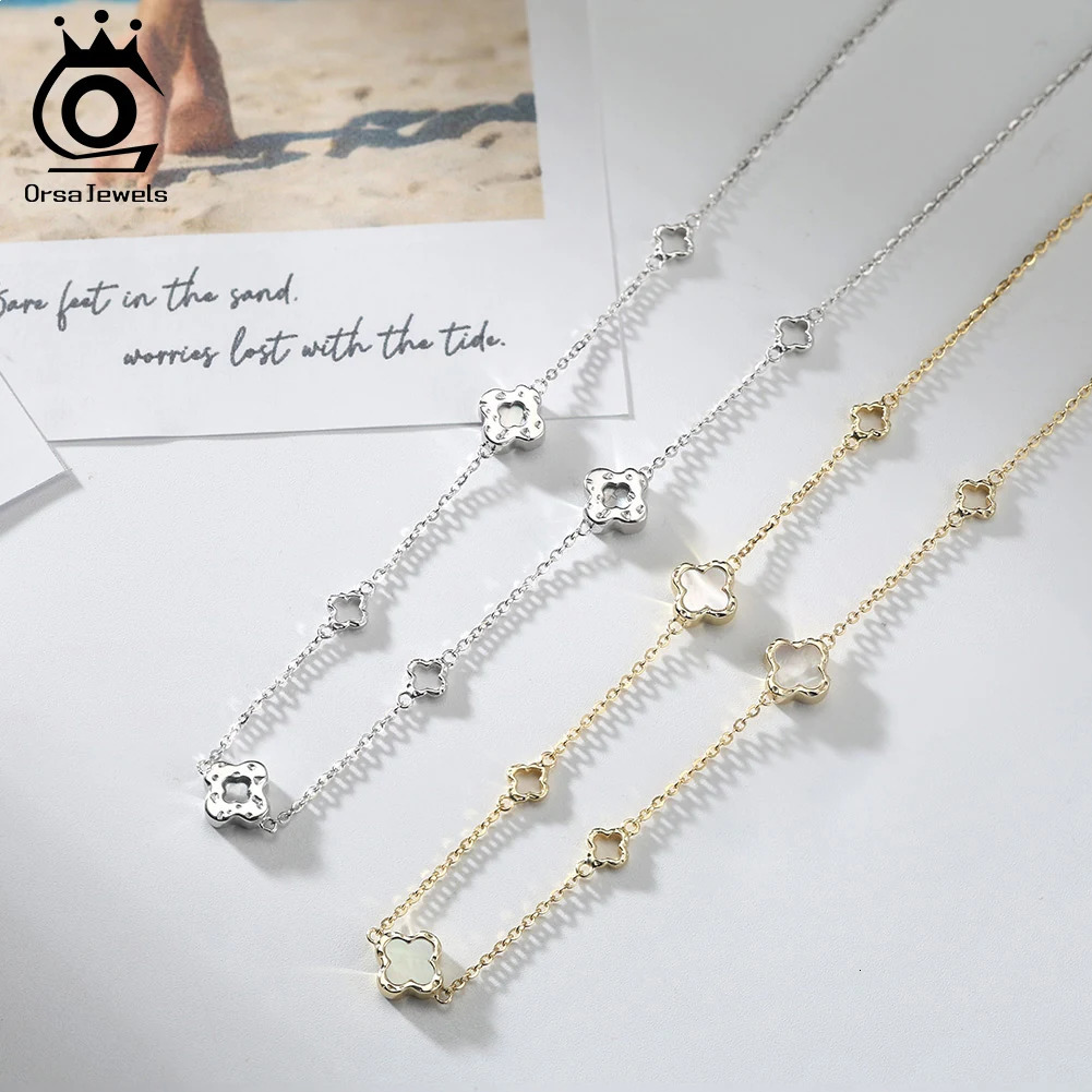 ORSA JEWELS 925 Sterling Silver White Shell Four-Leaf Clover Bracelet O-Chain Symbol Of Riches Luck Flower Style Present GMB68 260113 - view 6