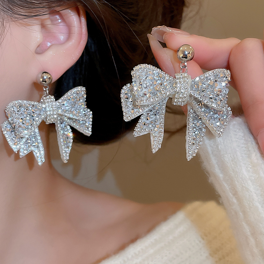 Silver Needle Inlaid Diamond Bowknot for Women, Unique Design, Elegant and Versatile Stud Earrings, High-end Luxury Earrings Wholesale - view 3