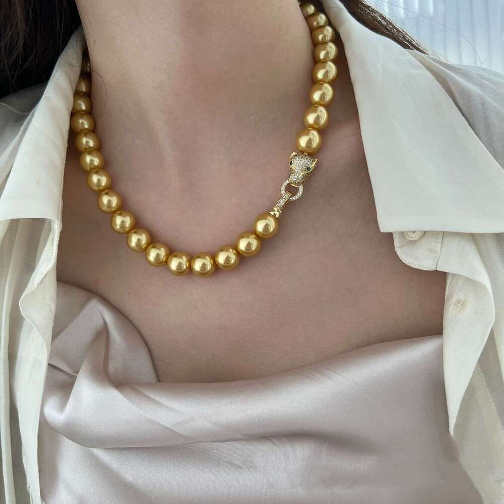 Women's Necklace Leopard Head Gold Pearl Dual-Use Temperament Clavicle Sweater Chain Autumn Winter Layering Gift Jewelry