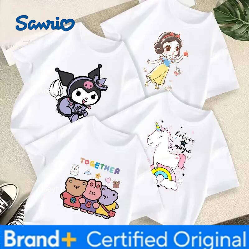 Sanrio Disney Short-sleeved Cotton 2025 New Summer Clothes Girls T-shirt Fashionable Pure White Top Children's Clothing H260120