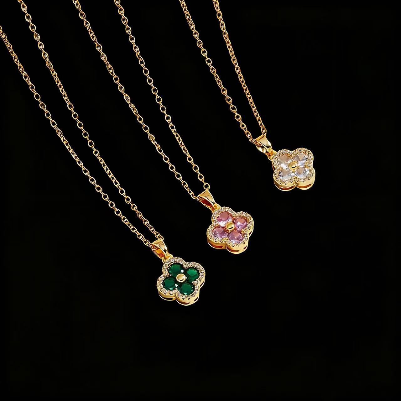 Cross-Border Hot Selling Full Zircon Lucky Colorful Diamond Four-Leaf Clover Titanium Steel Necklace for Women Ins Light Luxury Versatile Collarbone C - view 3
