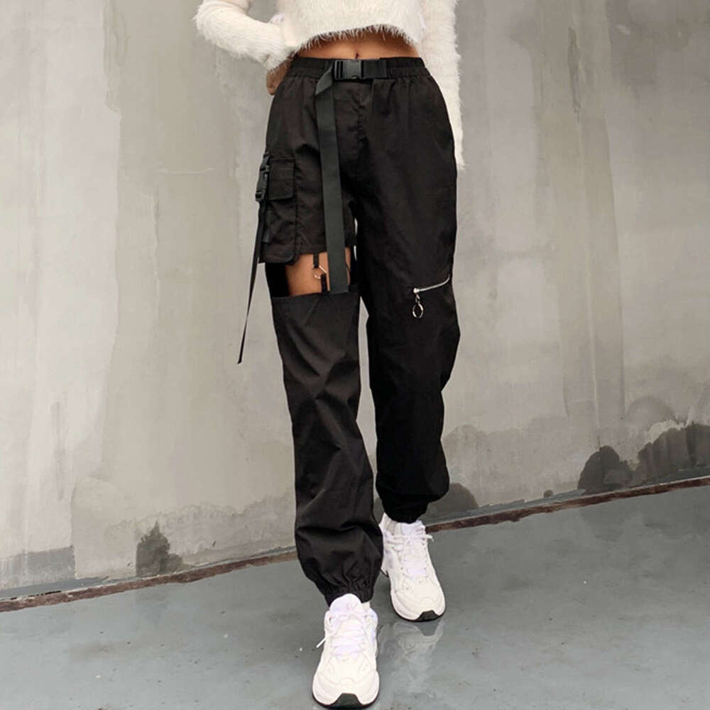 Women's hollow-out punk cargo pants with belt buckle, high-waisted zipper pants J260120