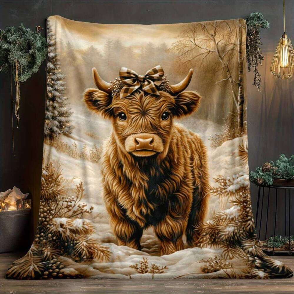 Highland Cow Winter Scene Flannel Blanket | Soft Warm All-Season Farmhouse Decor & Multi-Occasion Gift W260120