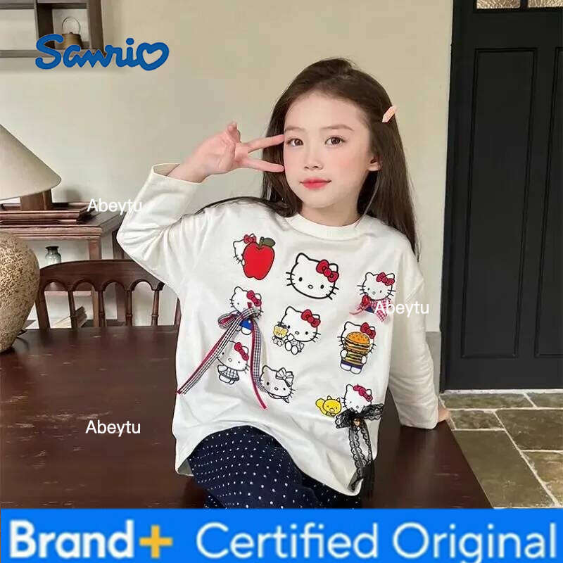 Sanrio Hello Kitty Girls Anime Cartoon Bow T Shirt Kawaii Spring and Autumn New White Print Long Sleeve Fashionable Versatile H260120