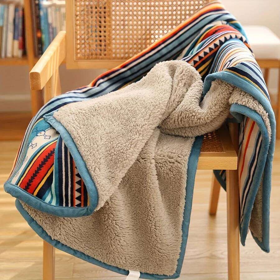 Nordic Stripe Fleece Blanket - Double Layer Thick Warm Boho Style for Sofa, Bed, Camping & Desk. W260120