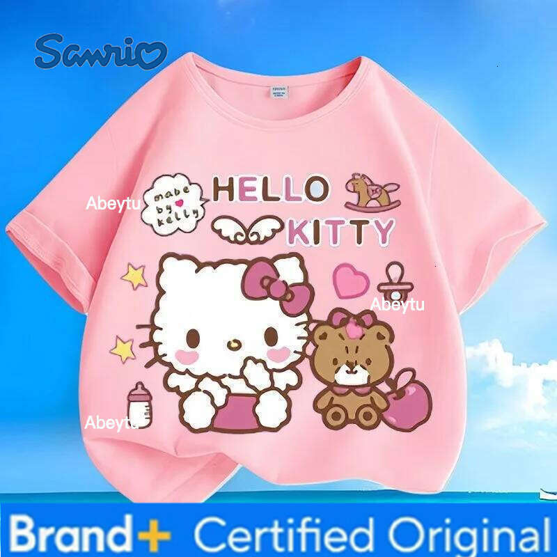 Sanrio New Hello Kitty T-shirt Breathable Skin-friendly Anti-wrinkle Easy Care Loose Versatile Crew Neck Short SleeveTops for Kids H260120