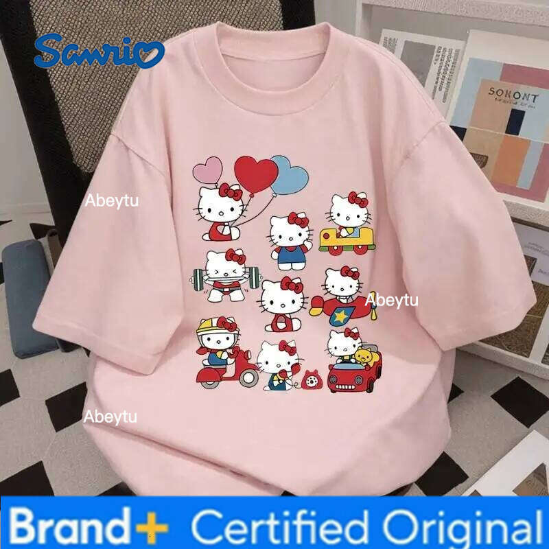 Sanrio Hello Kitty Street Personalized Sweet T-Shirt Cotton Short Sleeve Anime Fashion Women's Top Casual And Trendy Versatile H260120