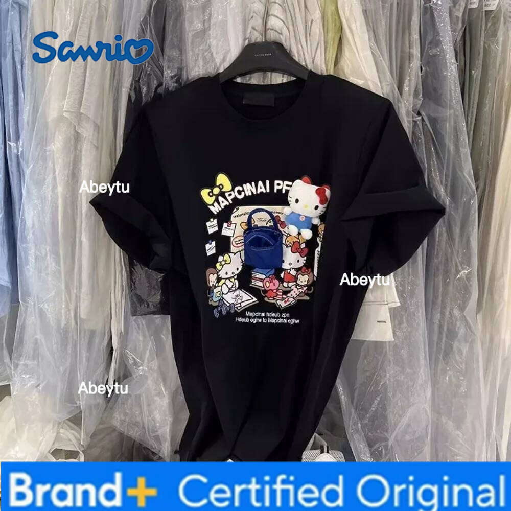 Sanrio HelloKitty Pure Cotton Cute Cartoon Printing Loose Round Neck T-shirt Summer New Fashion Comfort Design Versatile Tops H260120