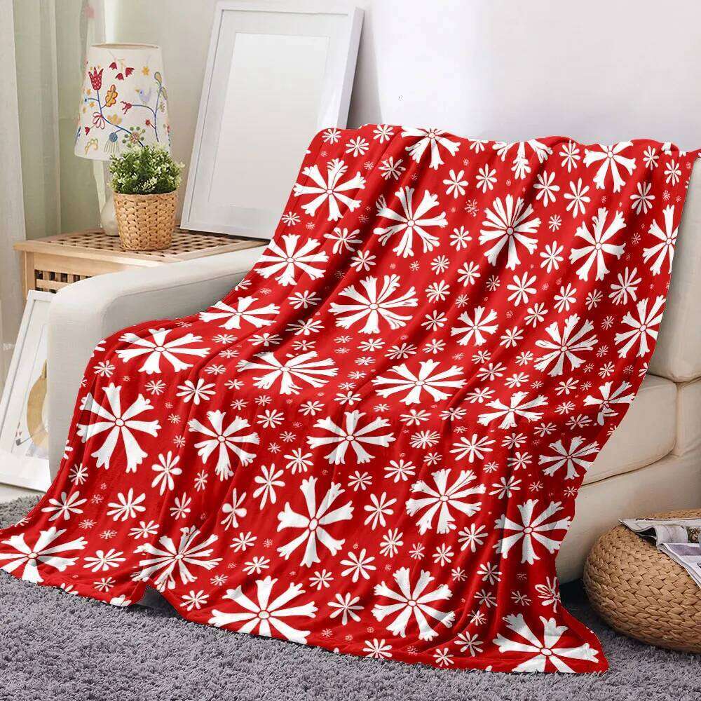 Red Festive Snowflake Pattern Blanket - Stylized White Snowflakes & Circular Motifs, Dense Uniform Design for Cozy Winter Hol W260120