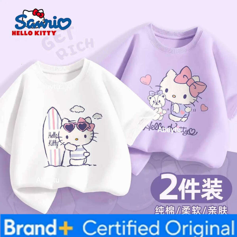 Sanrio 2 Pieces Per Pack Summer Baby Girls 100% Cotton Clothes Kid Children Girl Hello Kitty Printed T-shirts Short Sleeve Top H260120