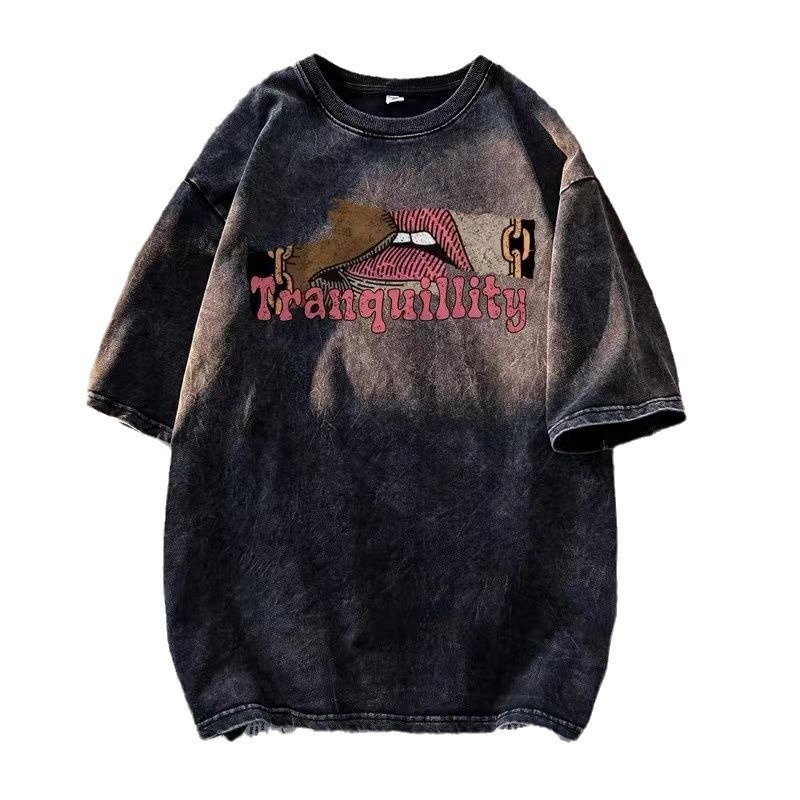 American Casual Vintage Versatile INS Streetwear Washed Distressed Rose Print Cotton Short-Sleeve T-Shirt for Men