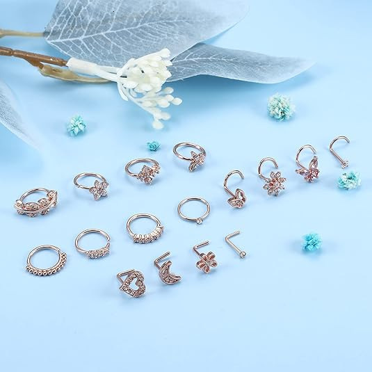 16Pcs 20G Flower Butterfly Nose Rings HoopsInlaid Shiny Zircon Nose Screw Nose Body Piercing Jewelry Decoration 250909