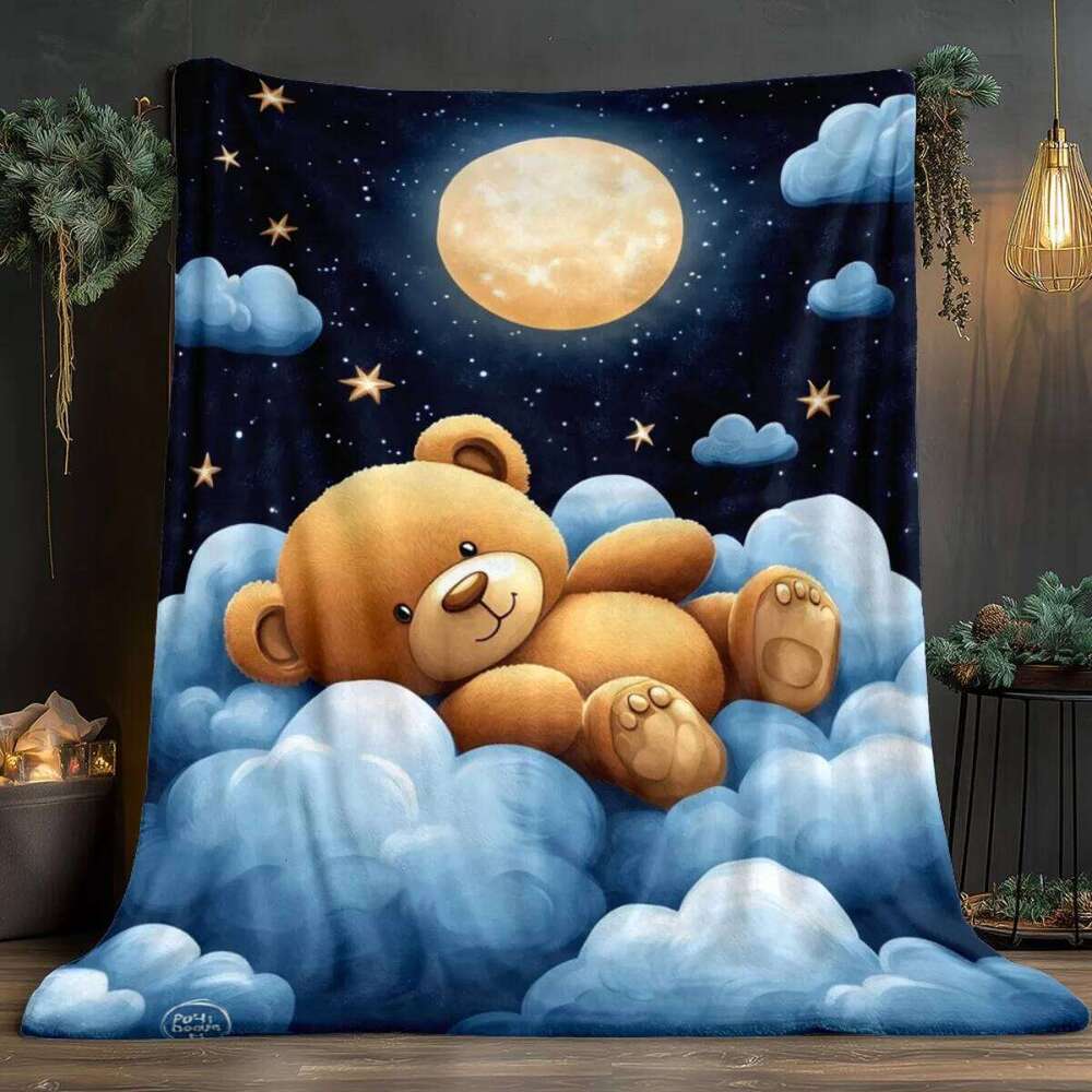 1pc Teddy Bear Moon Cloud Night Sky Flannel Blanket Cute Kids Bedding Soft Comforter Bedroom Decor Dreamy Sleep Gift W260120