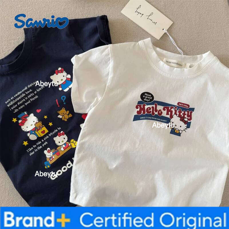 Sanrio Summer Teen Cotton T-shirt Hello Kitty Print Top Kids Clothes Sport Fashion Tshirt Baby Boys Girls Cute Short Sleeve Kid Wear H260120