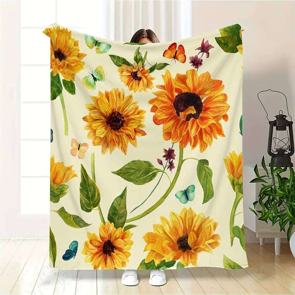 Sunflower Butterfly Garden Floral Pattern Fleece Blanket Bright Yellow Green Nature Theme Soft Flannel Throw Couch Cover Home W260120