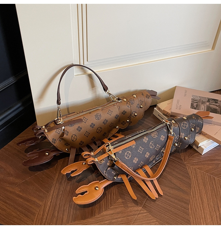 Free Shipping 2026 New Design Creative Fun Lobster shaped Bag Fashionable and Versatile Women Shoulder Bag Handbag Coffee Brown
