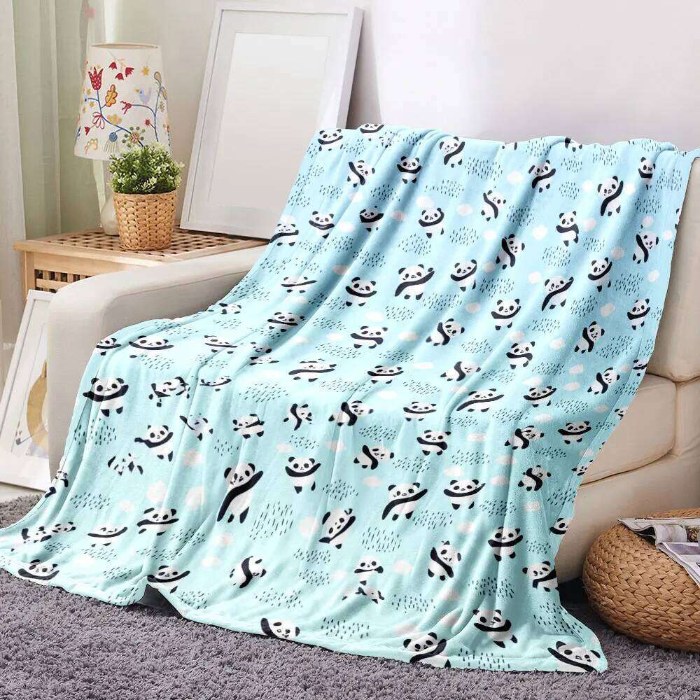 Light Blue Whimsical Panda Throw - Soft, Cosy Printed Blanket with Cute Pandas, Scattered Clouds & Dotted Patt W260120