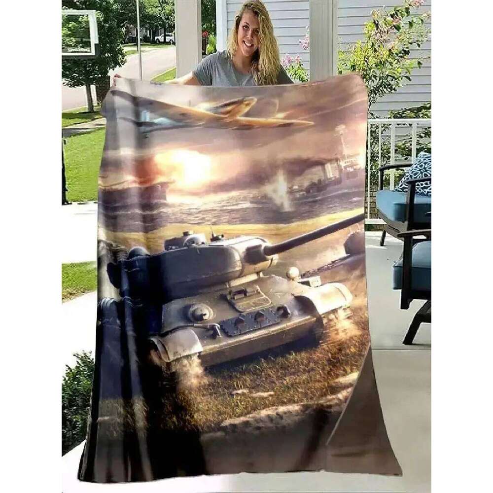 D Printed War Tank Flannel Throw Blanket Men Boys Perfect for Bed Sofa Travel Hiking Picnic Military Weapon Design W260120
