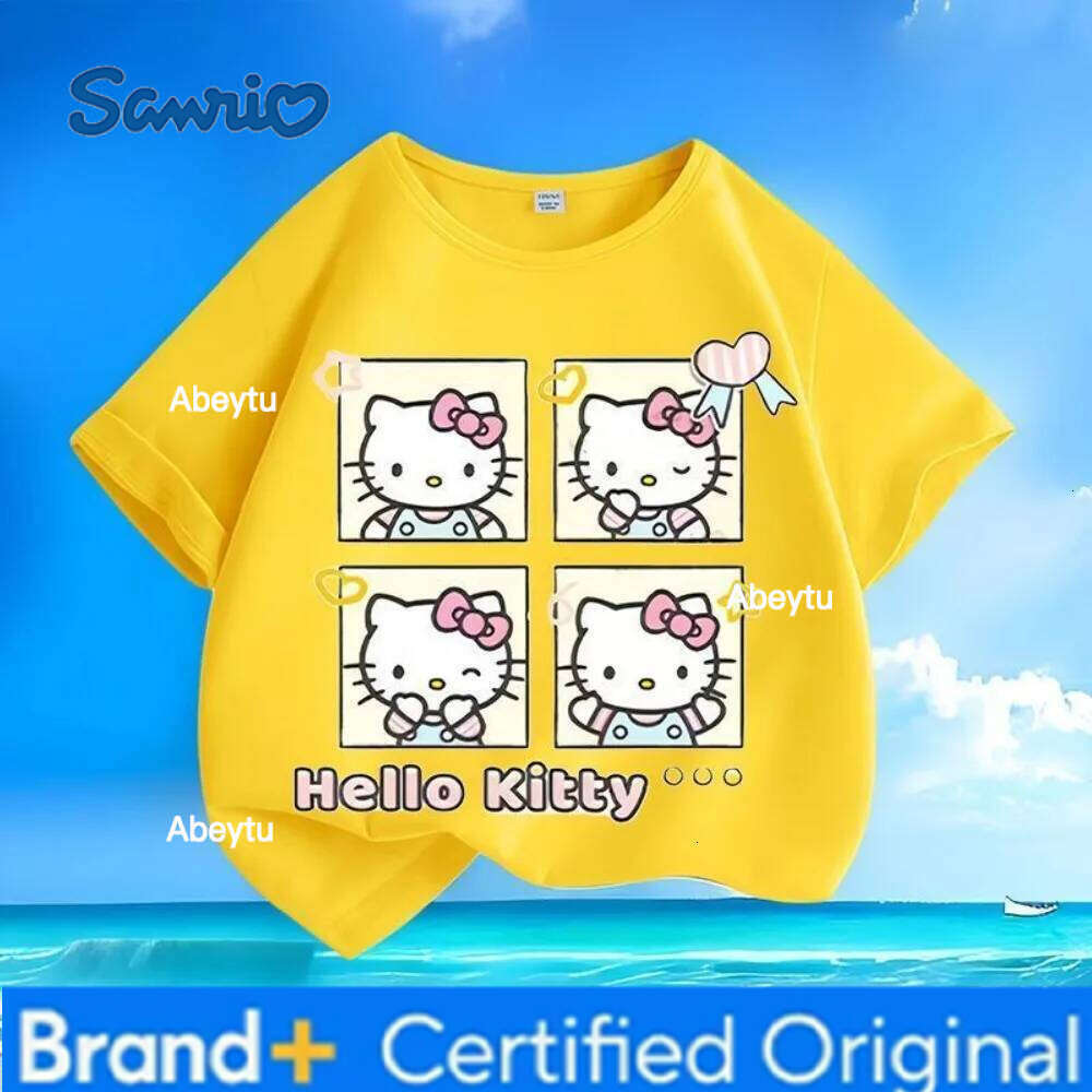 Sanrio New Anime Hello Kitty Print Children's Summer Loose Short Sleeved Round Neck Casual Top T-shirt Comfortable and Skin Friendly H260120