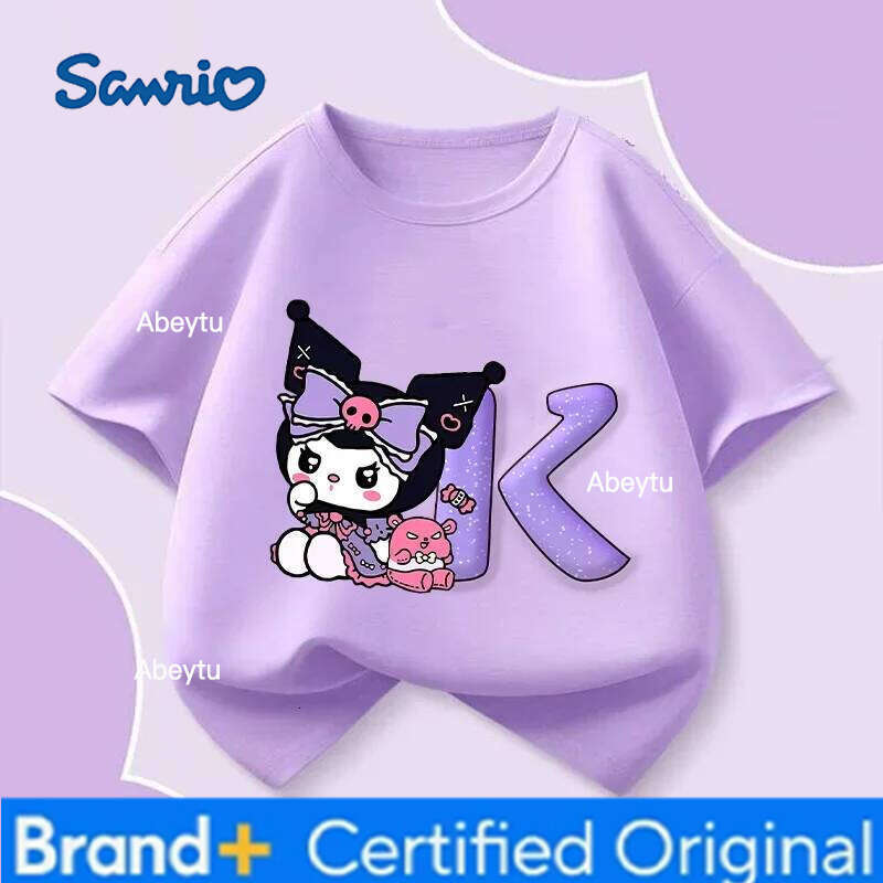 Sanrio Kuromi Children T-shirts Cute Cartoon s Anime Letter A-Z Print Girls Clothes Fashion Kids Toddler Cotton Short Sleeve Tops H260120