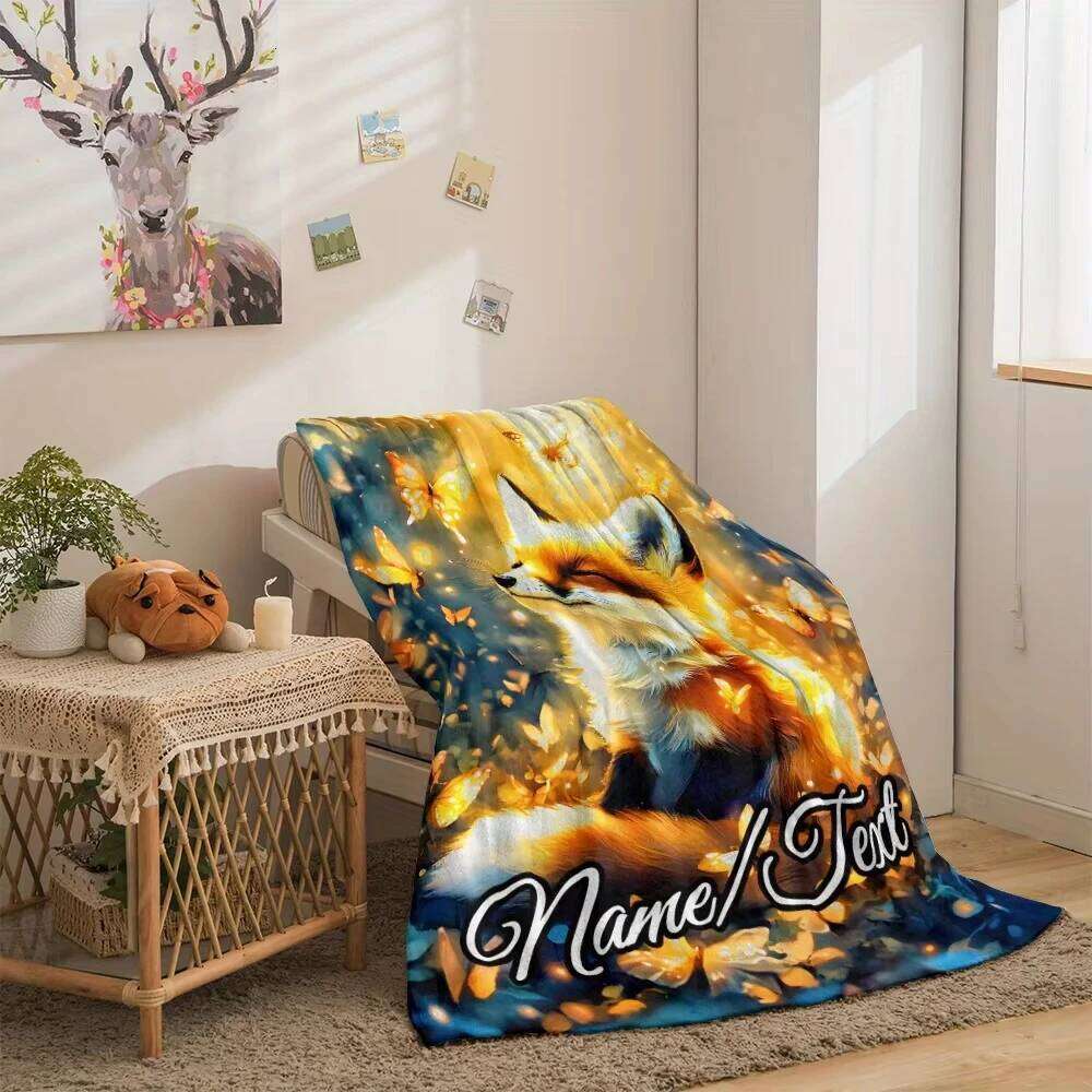 Winter New Custom Name Glam Flannel Throw Blanket with Fox & Butterfly Design Warm for Home Sofa Bed Travel Camping Office W260120