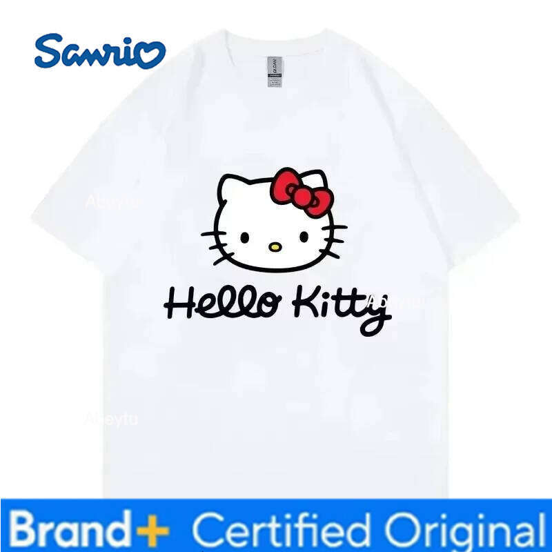 Sanrio MINISO Hello Kitty Cartoon Anime Women T-shirt Summer Short Sleeve 100% Cotton Men Tee Shirts Tops Fashion Couple Clothing Gift H2601201