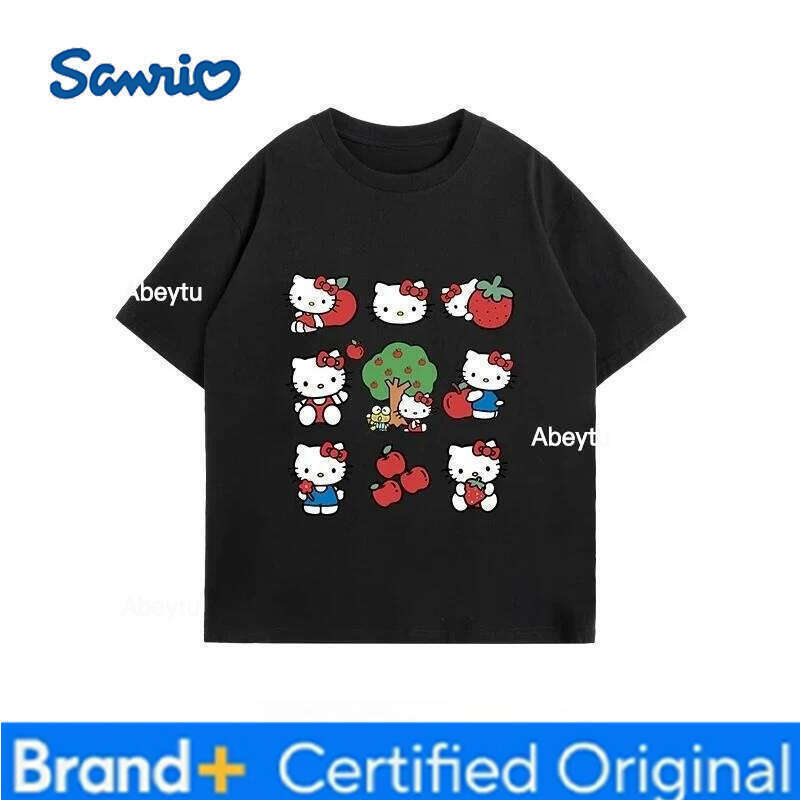 Sanrio Hello Kitty Fun Print Cotton Kids T-Shirt Summer Cartoon Graphic Woman T-shirt Round Neck Plus Size Loose Casual Clothes H260120