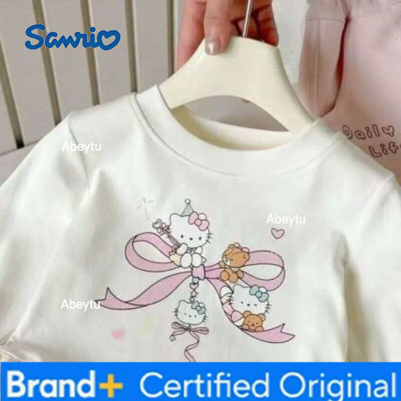 Sanrio Hello Kitty Long Sleeve T Shirt Pure Cotton for Girls Undershirt Spring New Cartoon Print Lace Trim Fashionable Pullover H260120