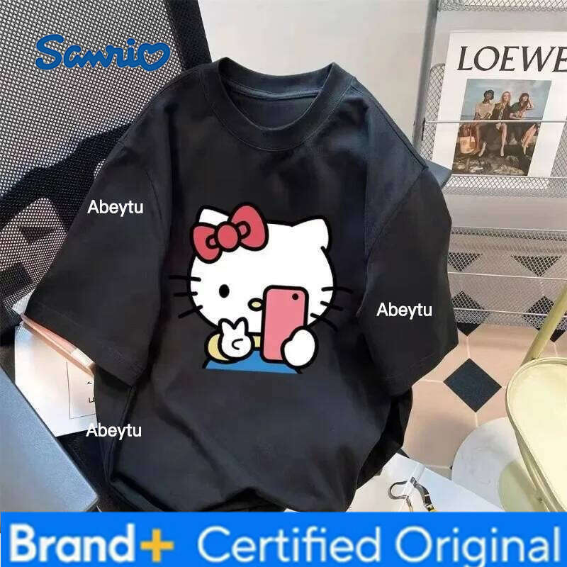 Sanrio Disney Cute Cartoon Kitty Cat Cotton Short-sleeved T-shirt Men's and Women's Summer Printing Versatile Casual Loose Top Clothing H260