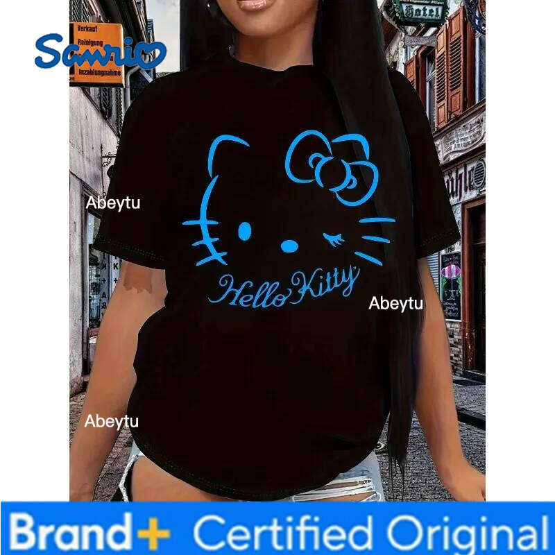 Sanrio Hello Women's Adorable Cat Print Kitty Face Design Comfortable Crew Neck Short Sleeve Casual T-Shirt H260120