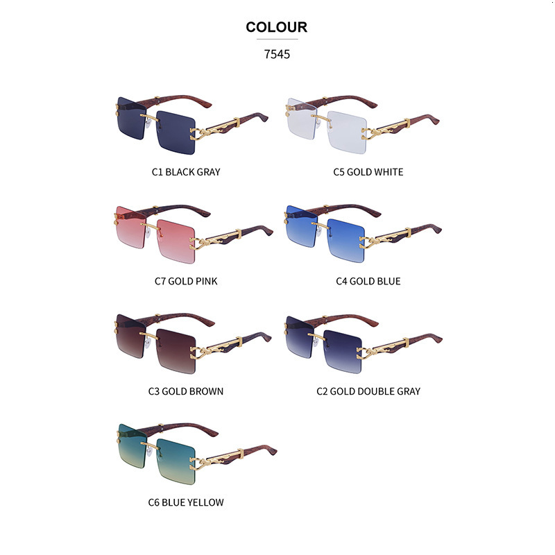 Luxury Brand Designer Sunglasses Vintage Frameless Sunglasses For Women, Personality Leopard Wood Grain Temple Square Frame Sunglasses For Men, Trendy