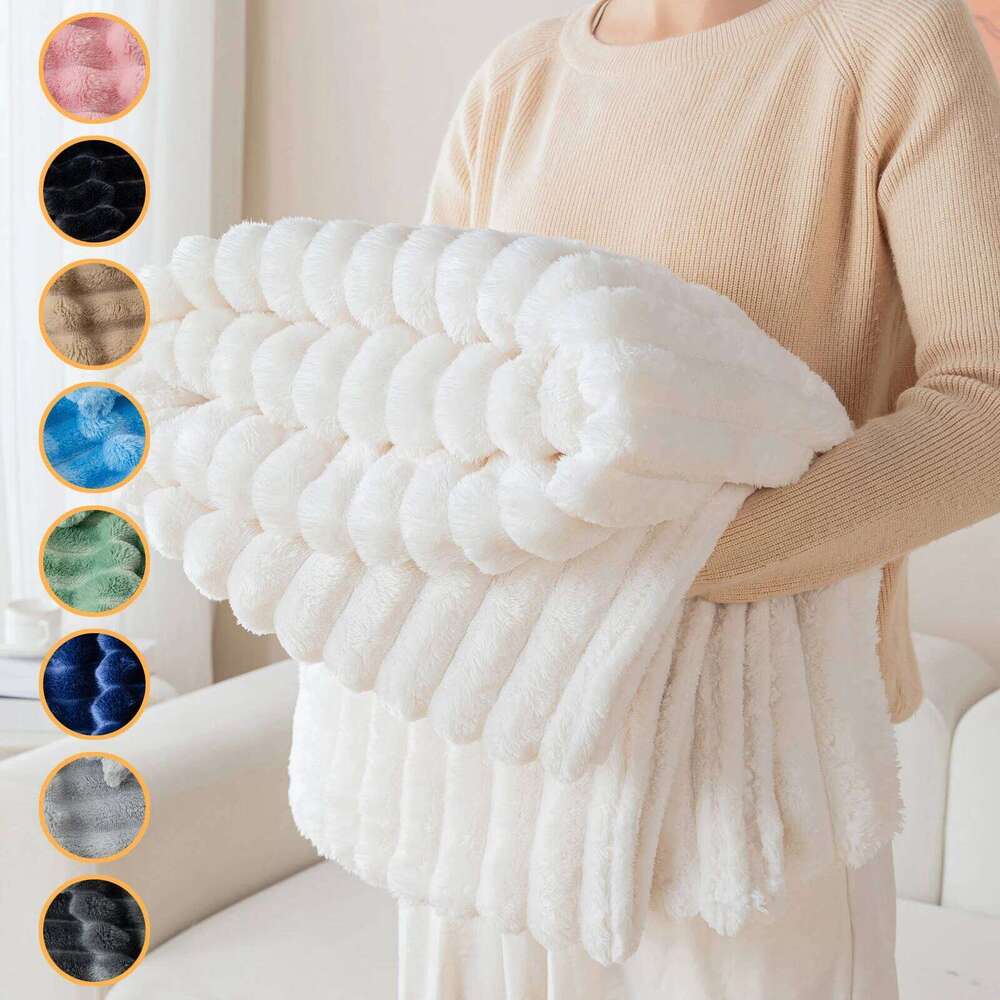 1pc solid color thick wide stripe multifunctional can be used as bed sheet covering nap blanket, pet blanket W260120