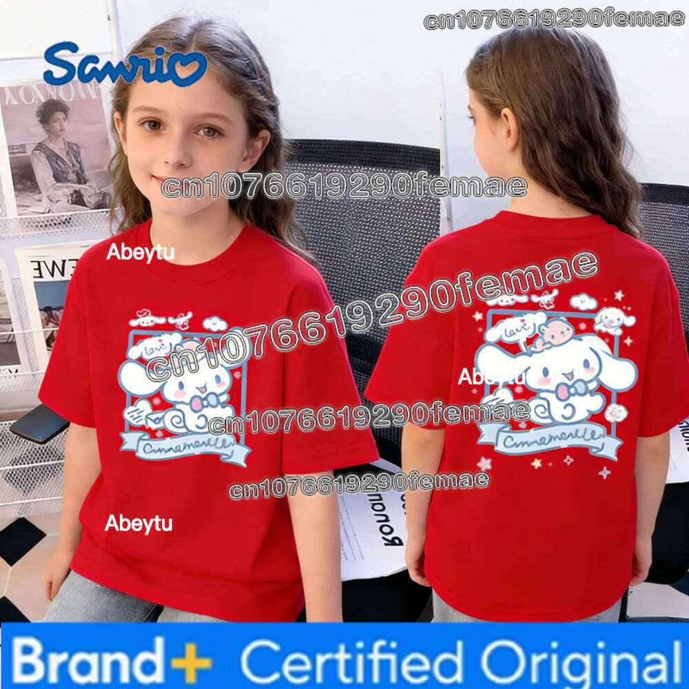Sanrio Summer Cinnamoroll Print Cotton Short Sleeve T-shirt for Big Children Girls Cute Casual Family Clothing Top H260120
