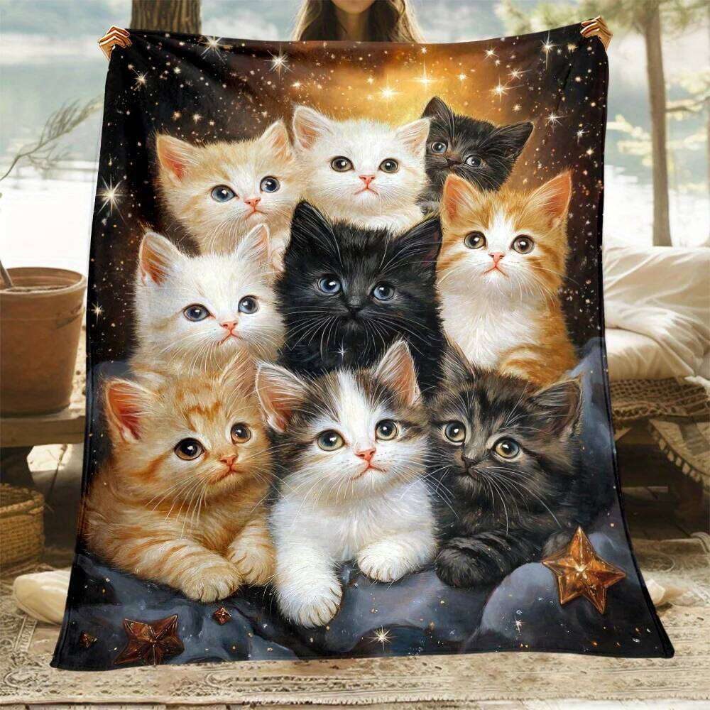 Starry Cat Magic Soft Blanket Dual-Use Living Room & Bedroom Cute Decorative Throw for Pet Lovers | Cozy Home Accent W260120