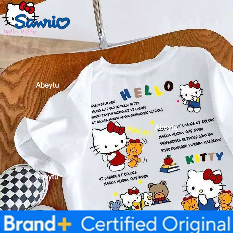Sanrio Hello Kitty Girls' Summer New Cotton T-shirt anime kawaii Fashion Short Sleeve kids Cartoon Sweet Loose Round Neck Tops H260120