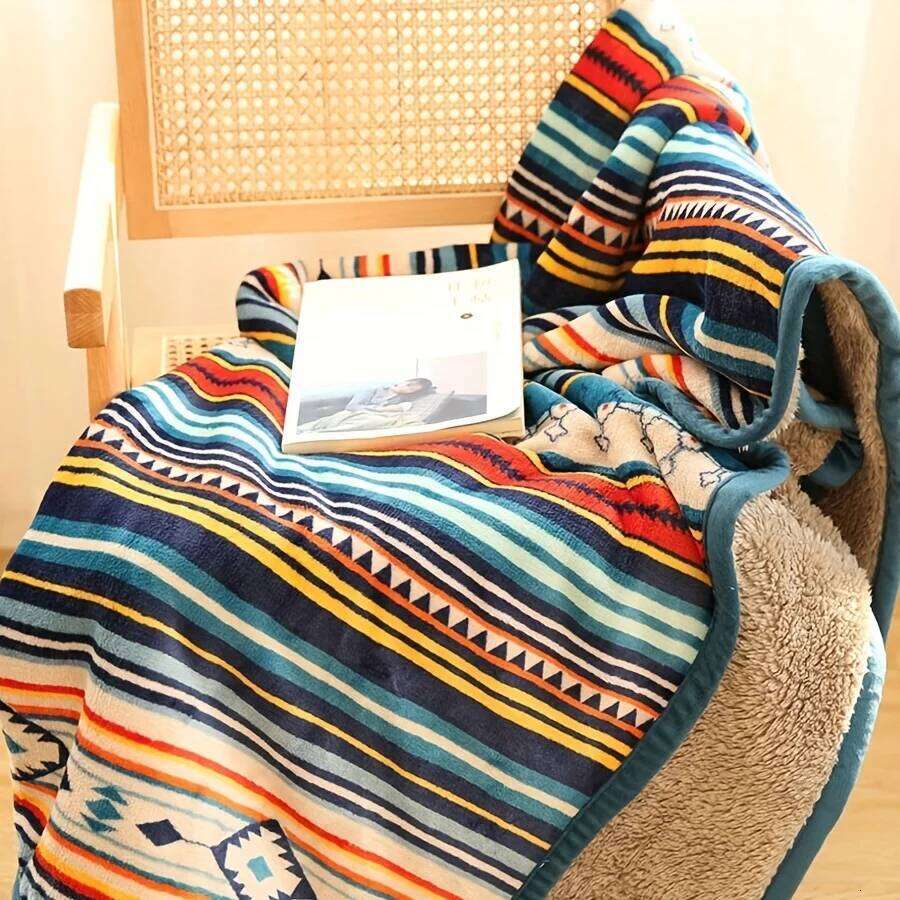 Nordic Stripe Fleece Blanket - Double Layer Thick Warm Boho Style for Sofa, Bed, Camping & Desk. W260120