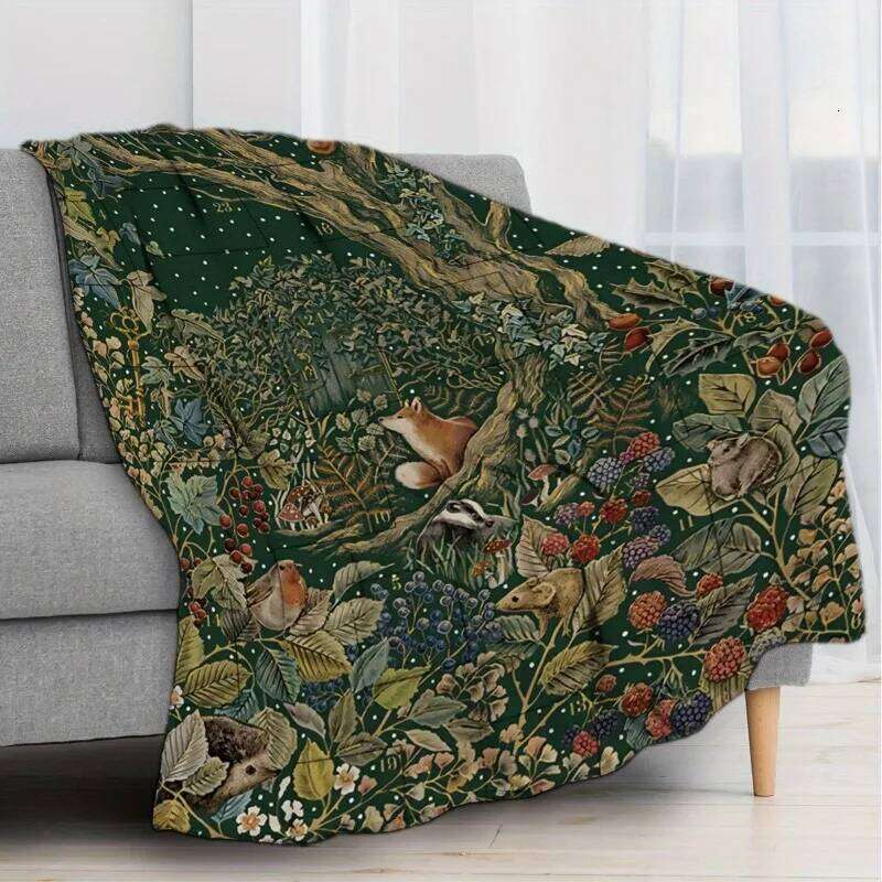 Soft Flannel Woodland Blanket Enchanted Forest Creatures Pattern Cozy Warm Throw For Healing Cottagecore Decor W260120