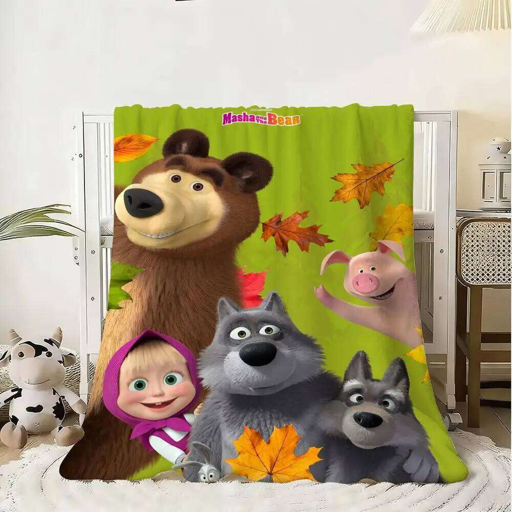 Cartoon M-Masha and the B-Bear Flannel Fluffy Soft Blanket Warm Skin-Friendly Throw for Sofa Bed Office Nap Winter W260120