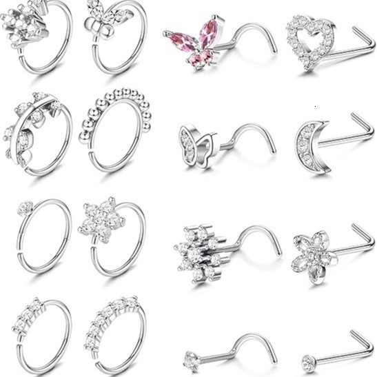 16Pcs 20G Flower Butterfly Nose Rings HoopsInlaid Shiny Zircon Nose Screw Nose Body Piercing Jewelry Decoration 250909