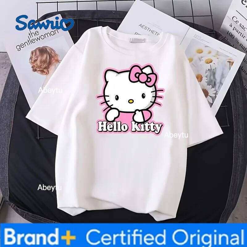 Sanrio Hello Kitty Cute Cartoon Pattern Shirt DIY Women's Casual Fashion Trendy Loose Short Sleeved Clothing T-shirt H260120
