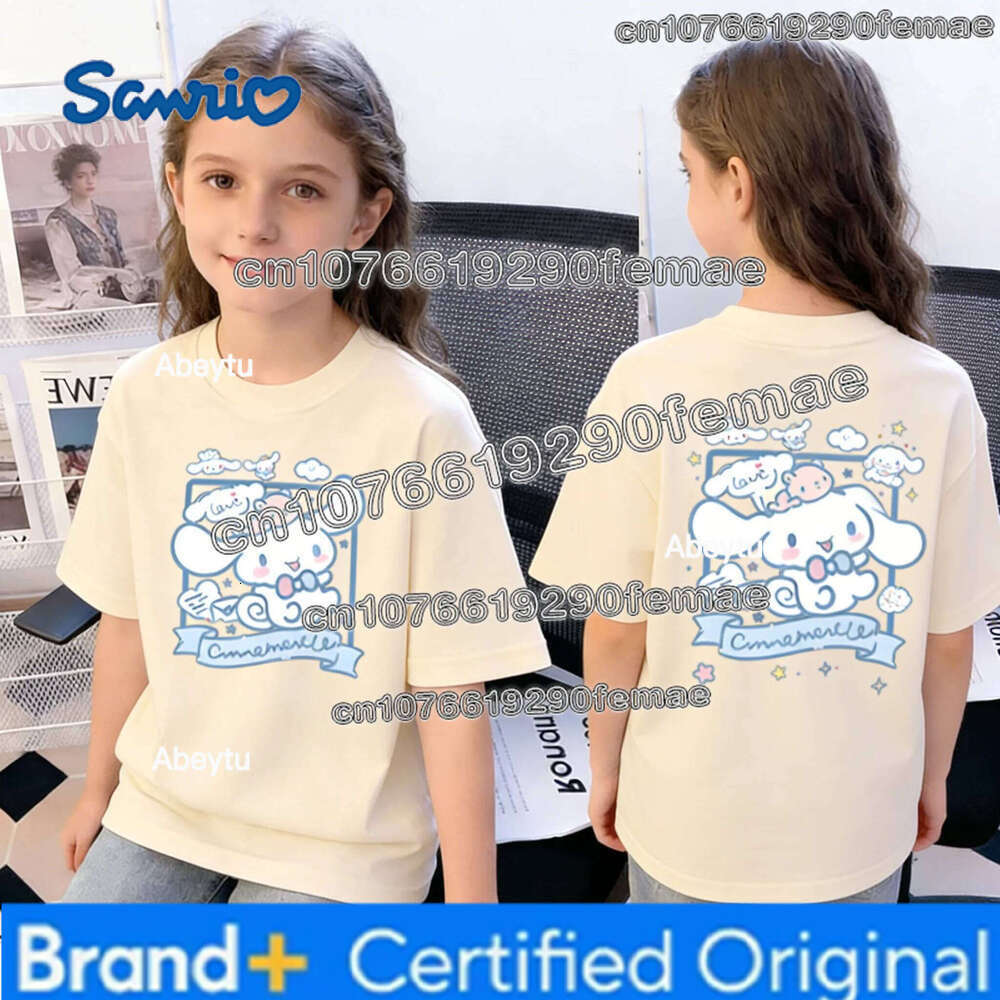 Sanrio Summer Cinnamoroll Print Cotton Short Sleeve T-shirt for Big Children Girls Cute Casual Family Clothing Top H260120